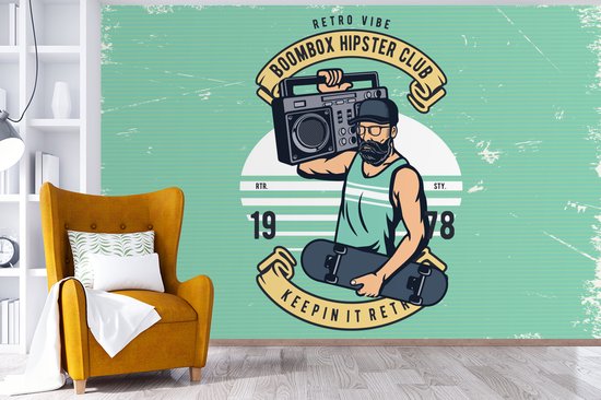 Papier peint - Papier peint photo murale Mancave - Skateboard - Radio - Vintage - Largeur 450 cm x Hauteur 300 cm