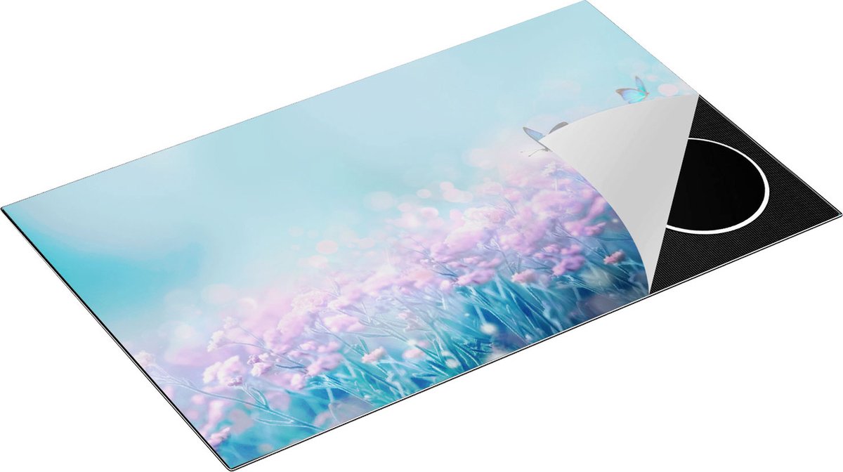 Chefcare Inductie Beschermer Twee Blauwe Vlinders bij Roze Bloemen - 85x50 cm - Afdekplaat Inductie - Kookplaat Beschermer - Inductie Mat