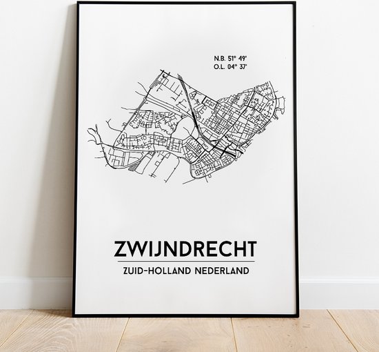 Zwijndrecht city poster, A3 (30x40 cm) met lijst, plattegrond poster, woonplaatsposter, woonposter