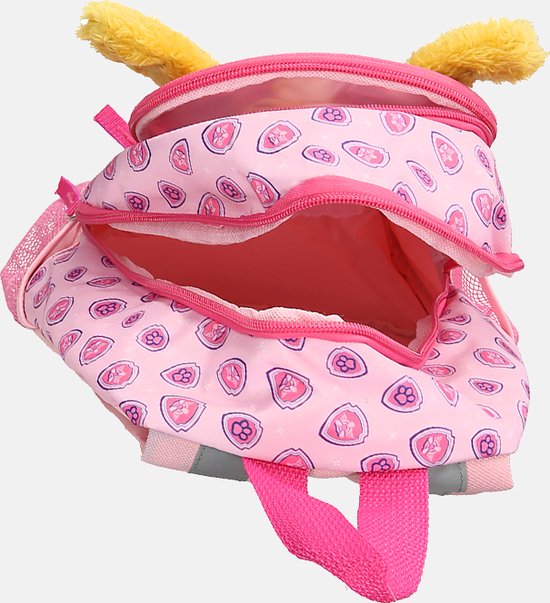 Sac à dos rose avec Skye, ouvert sur le devant avec un intérieur rose.