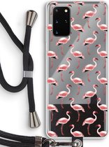 Case Company® - Hoesje met koord geschikt voor Samsung Galaxy S20 Plus hoesje met Koord - Flamingo - Telefoonhoesje met Zwart Koord - Bescherming aan alle Kanten en Over de Schermrand