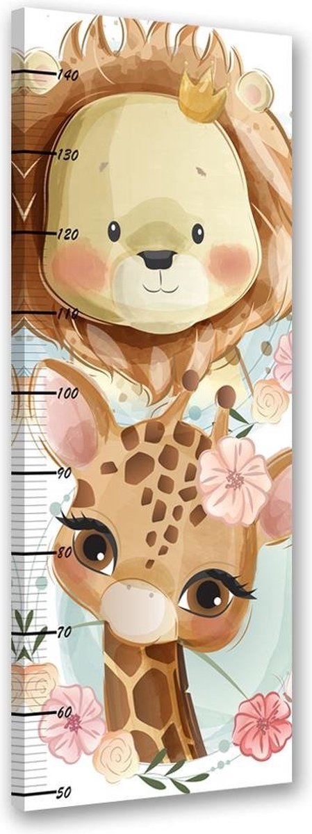 Trend24 - Groeimeter kinderkamer - Canvas Schilderij - Leeuw En Giraffe - Meetlat kind - Babykamer accessoires - Kinderkamer accessoires - 60x150x2 cm - Meerkleurig