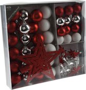 H&S Kerstballen met slingers en piek - 44st kunststof rood-wit-zilver