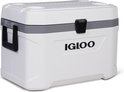Gesloten witte Igloo koelbox met grijze band, handvatten en gesp.