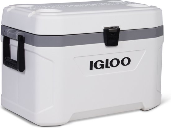 Gesloten witte Igloo koelbox met grijze band, handvatten en gesp.