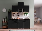 Goedkope keuken 180  cm - complete kleine keuken met apparatuur Oliver - Donker eiken/Zwart - elektrische kookplaat  - koelkast        - magnetron - mini keuken - compacte keuken - keukenblok met apparatuur