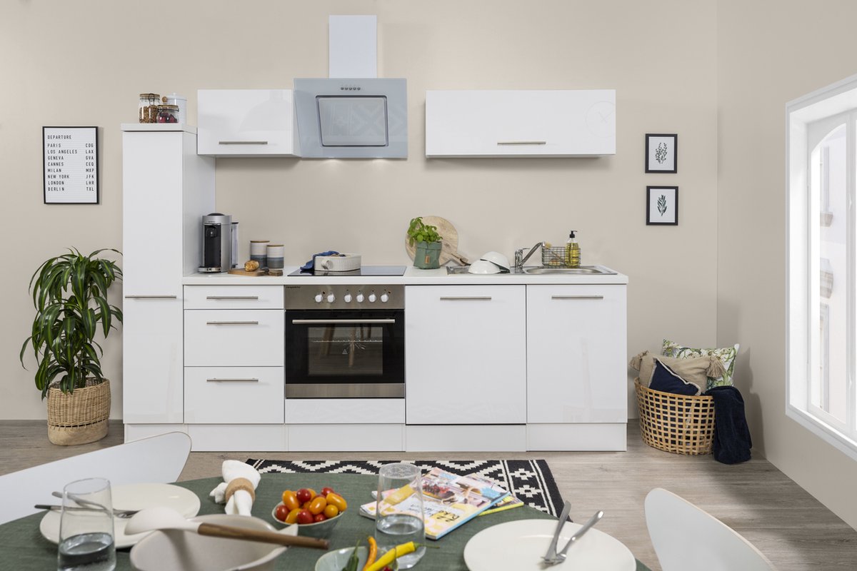 Goedkope keuken 250 cm - complete keuken met apparatuur Amanda - Wit/Wit - soft close - keramische kookplaat - afzuigkap - oven - spoelbak