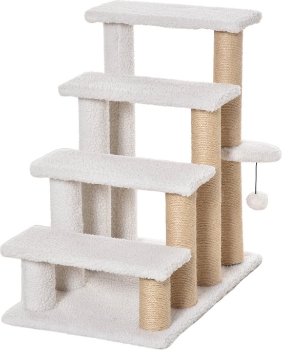 PawHut Huisdierentrap met krabpaal bal 4 treden kattentrap dierentrap pluche jute D06-093