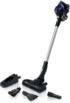 Bosch Unlimited Serie 6 steelstofzuiger in blauw en zwart met accessoires.