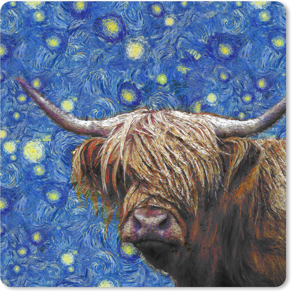 Muismat XXL 60x60 cm - Bureau onderlegger - Bureau mat Van Gogh - Sterrennacht - Schotse hooglander - Bureaumat - Gaming mousepad xl - Bureaulegger groot - Computer deskmat