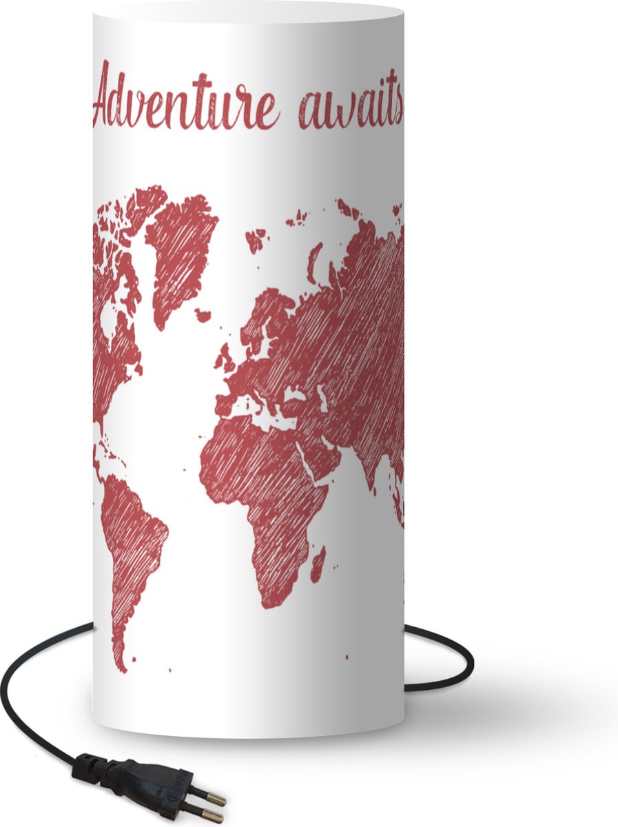 Lamp - Nachtlampje - Tafellamp slaapkamer - Wereldkaart - Rood - Wit - 54 cm hoog - Ø22.9 cm - Inclusief LED lamp