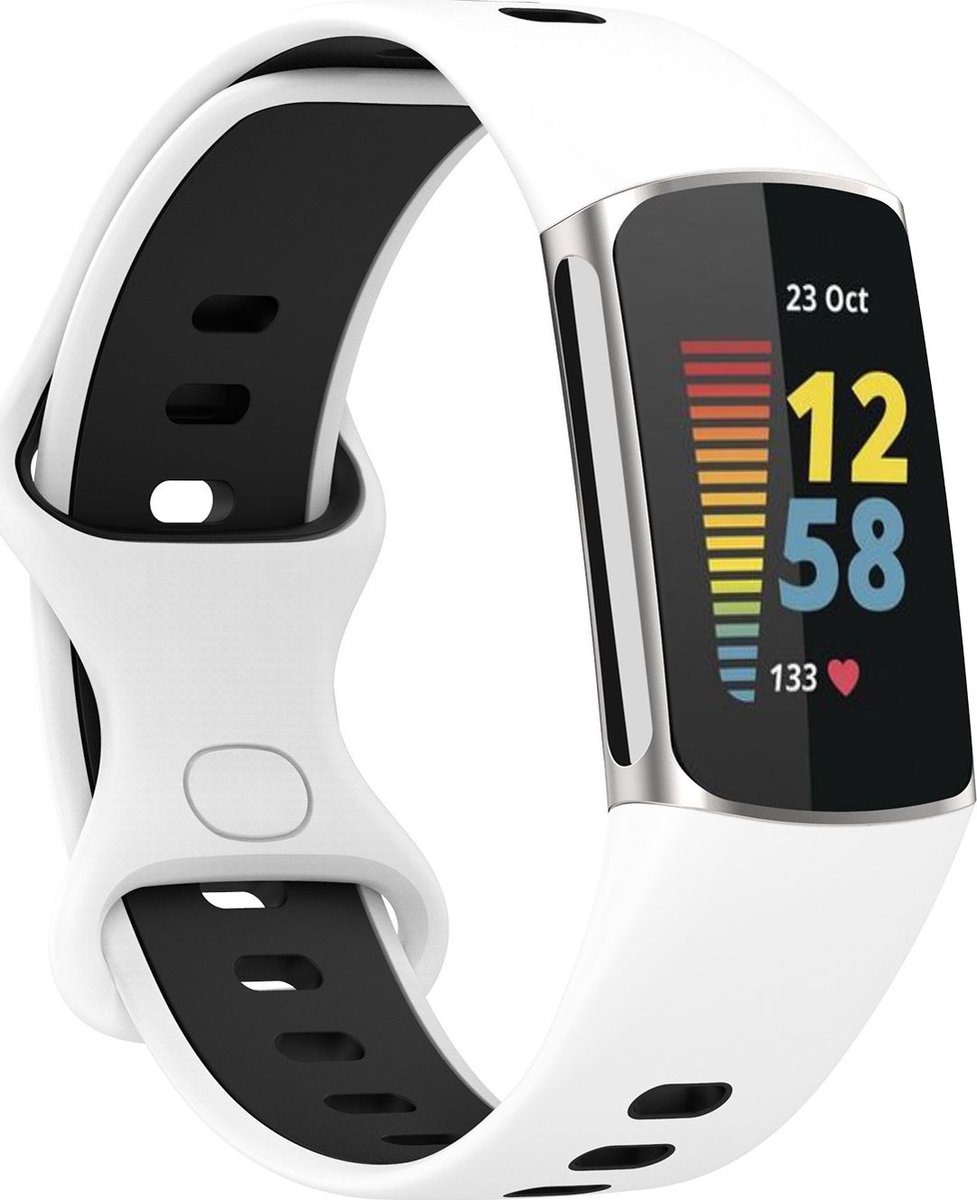 Mobigear Siliconen Watch bandje geschikt voor Fitbit Charge 5 Bandje Druksluiting | Mobigear Sport Dual - Wit / Blauw