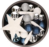 33x stuks kunststof kerstballen met piek 5-6-8 cm blauw/wit/zilver incl. haakjes - Kerstversiering
