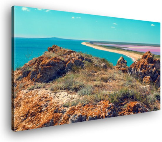 Canvas Schilderij Uitzicht Op Roze Meer | 100 x 70 cm | Wanddecoratie