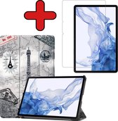 Hoes Geschikt voor Samsung Galaxy Tab S8 Hoes Book Case Hoesje Trifold Cover Met Screenprotector - Hoesje Geschikt voor Samsung Tab S8 Hoesje Bookcase - Eiffeltoren