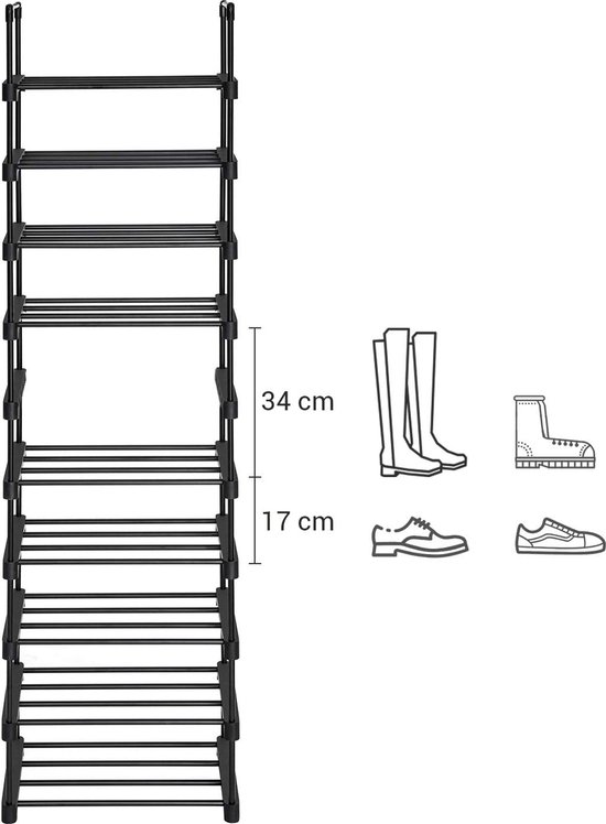 ACAZA Schoenenrek - Schoenenkast - 10 Lagen - 45 x 30 x 174 cm - Voor 20 paar schoenen - Metaal - Zwart