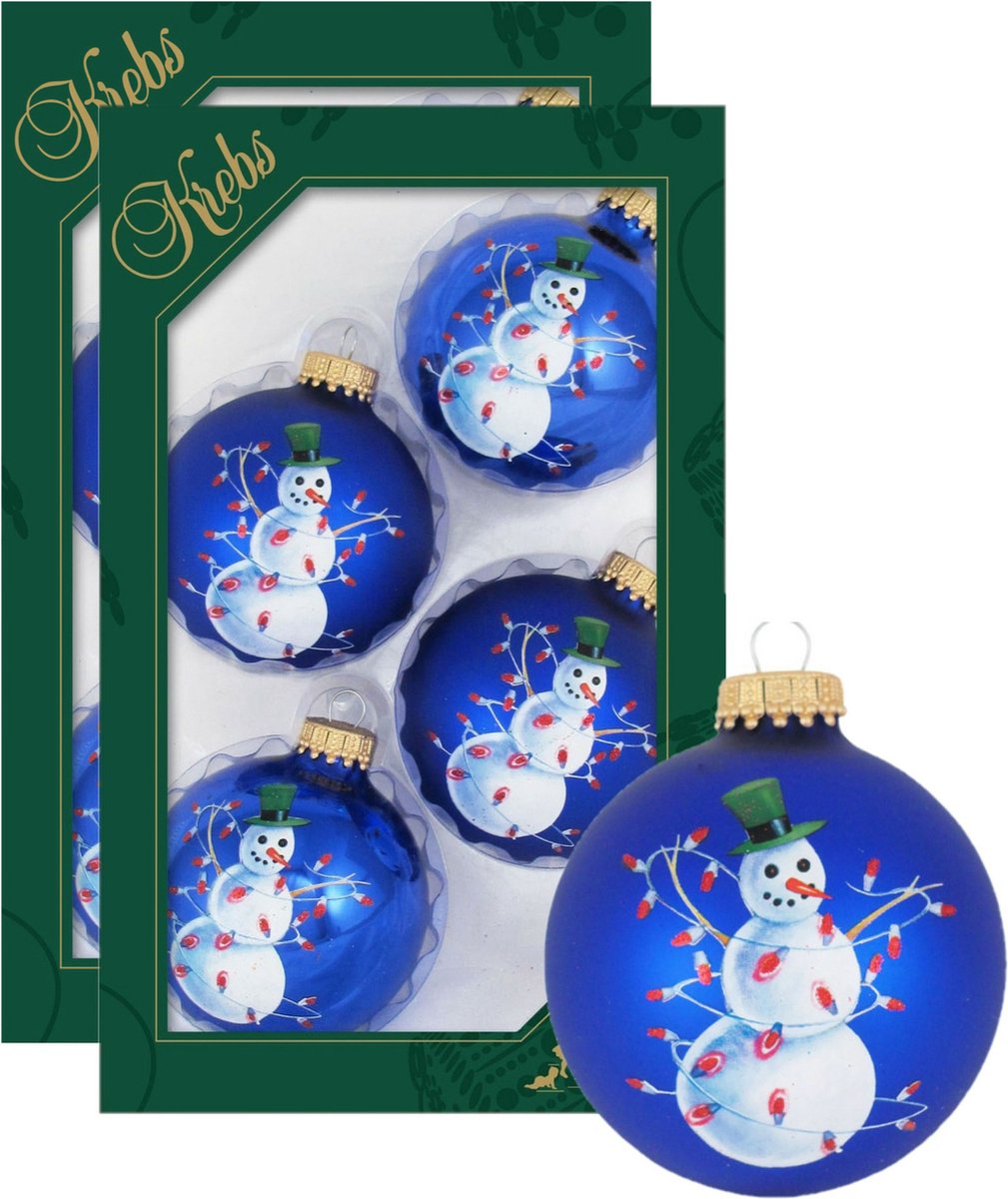 8x stuks luxe glazen kerstballen 7 cm blauw met sneeuwpop - Kerstversiering/kerstboomversiering