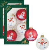 8x stuks luxe glazen kerstballen 7 cm wit en rood met sneeuwpop - Kerstversiering/kerstboomversiering