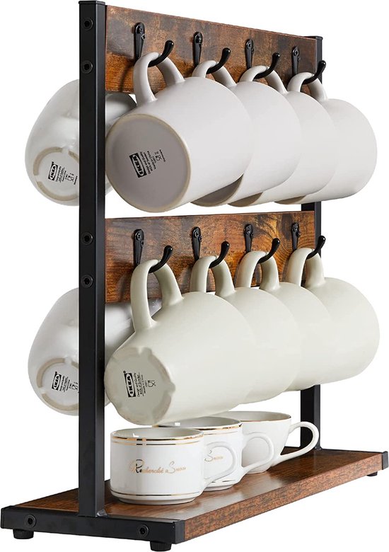Vintage bekerhouder met haken, koffiekop displaystandaard, keukenwandhouder voor koffiekopjes, keukendoekhouder, antislip rubberen manchet aan de onderkant van de haak (52 x 95 cm