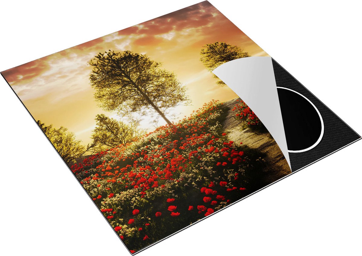 Chefcare Inductie Beschermer Mooi Landschap met Rode Bloemen en Zonsondergang - 78x78 cm - Afdekplaat Inductie - Kookplaat Beschermer - Inductie Mat