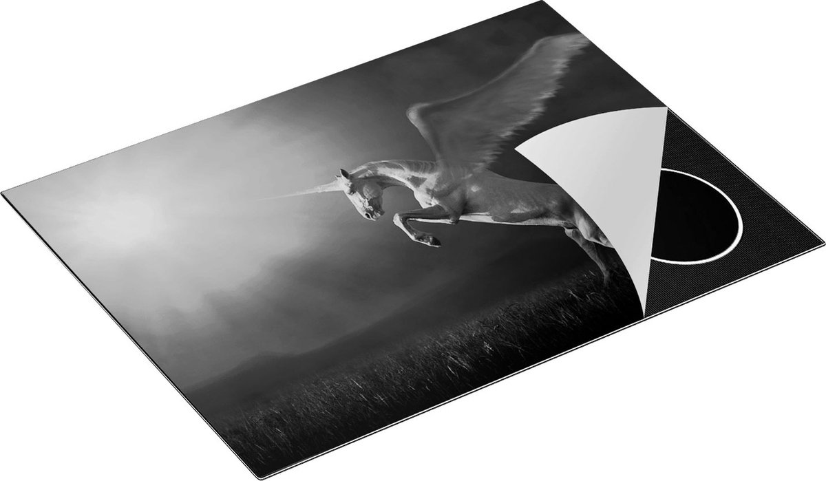 Chefcare Inductie Beschermer Eenhoorn met Vleugels in het Gras - Zwart Wit - 70x50 cm - Afdekplaat Inductie - Kookplaat Beschermer - Inductie Mat