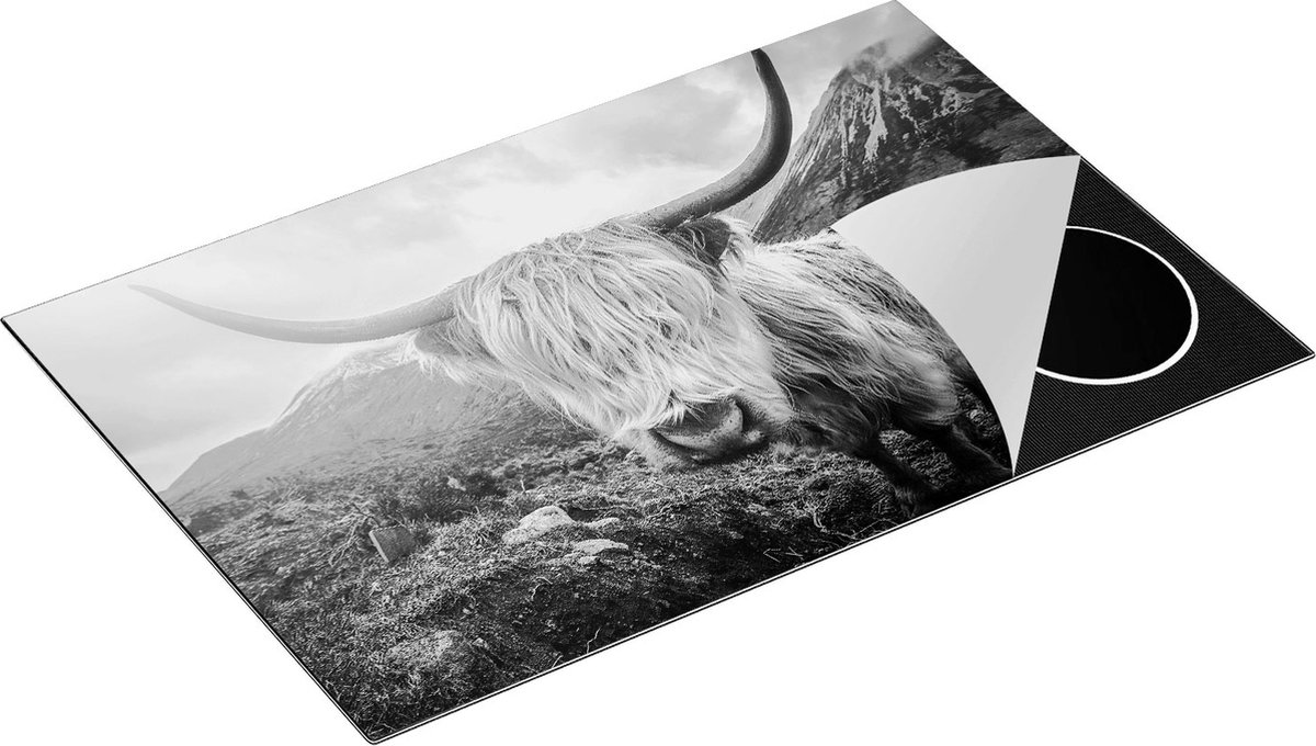 Chefcare Inductie Beschermer Schotse Hooglander Koe in de Bergen - Zwart Wit - 80x50 cm - Afdekplaat Inductie - Kookplaat Beschermer - Inductie Mat