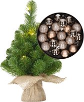 Mini kerstboom/kunstboom met verlichting 45 cm en inclusief kerstballen champagne - Kerstversiering