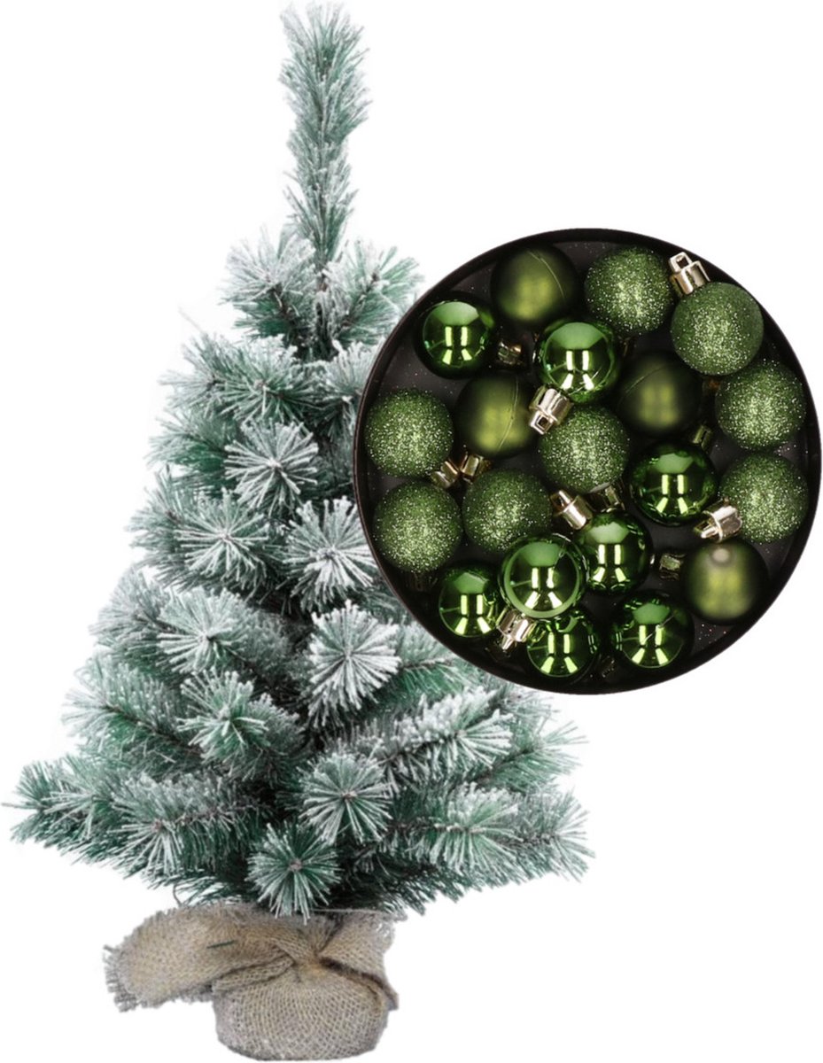 Besneeuwde mini kerstboom/kunst kerstboom 35 cm met kerstballen groen - Kerstversiering