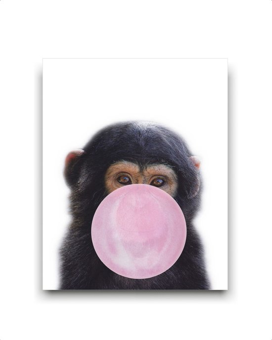 Tableau Singe de la jungle avec chewing-gum rose - Animaux de la jungle / Bulle de chewing-gum / 50x40cm