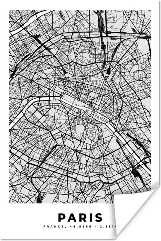 Poster Kaart - Stadskaart - Parijs - Plattegrond - Frankrijk - 20x30 cm