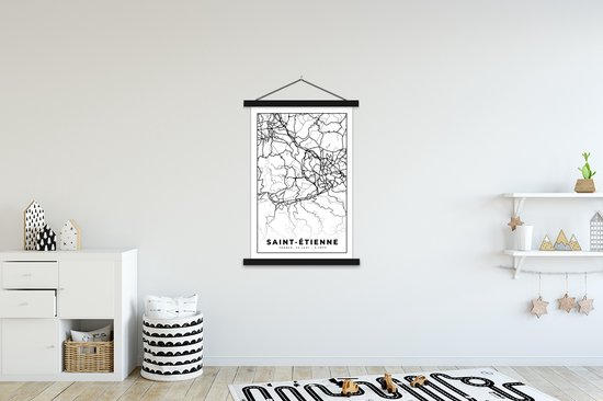 Porte-affiche avec affiche - Affiche scolaire - Plan de ville - Saint-Étienne - Plan d'étage - Carte - France - Zwart et blanc - 120x180 cm - Lattes noires