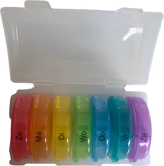 Medies - Pilulier 7 jours 3 compartiments - 7 Boîtes à pilules multicolores avec boîte de rangement transparente - Verrouillage fort - Langue néerlandaise