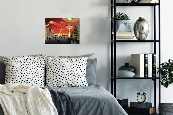 Poster 40x30 cm - Een illustratie van UFO's die een stad aanvallen - Jongens - Meisjes - Kinderen - Kind - Posters - Kamer decoratie - Wanddecoratie woonkamer - Muurdecoratie slaapkamer