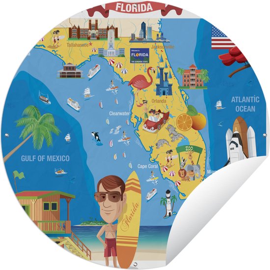 Tuincirkel Een cartoonillustratie van de kaart van Florida - 60x60 cm - Ronde Tuinposter - Buiten