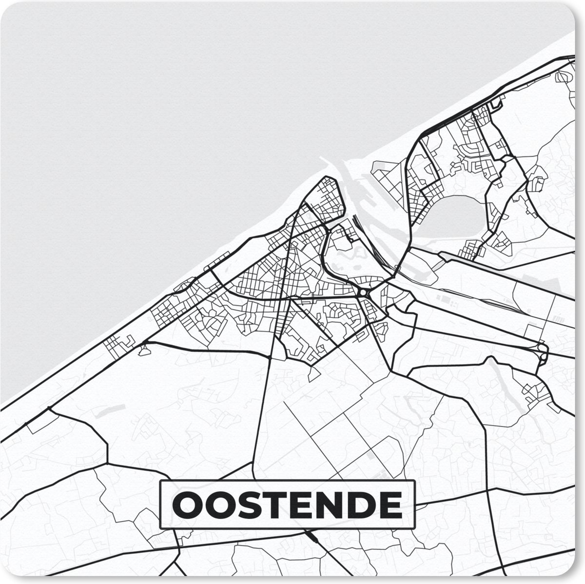Muismat 30x30 cm - Mousepad België – Oostende – Stadskaart – Kaart – Zwart Wit – Plattegrond - Muismatten - Stadskaart