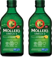 Möller's Omega-3 Levertraan Citroen - 2 x 250ml - Omega-3 met vitamine A, D en E - Pure Levertraan uit Noorwegen - Visolie van wilde Noorse kabeljauw - Superior Taste Award - 2 x 50 dagelijkse porties