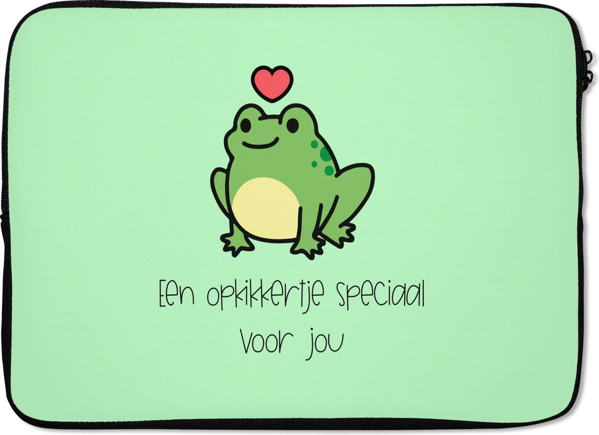 Laptophoes 13 inch - Beterschap - Quote - Kikker - Opkikker - Laptop sleeve - Binnenmaat 32x22,5 cm - Zwarte achterkant