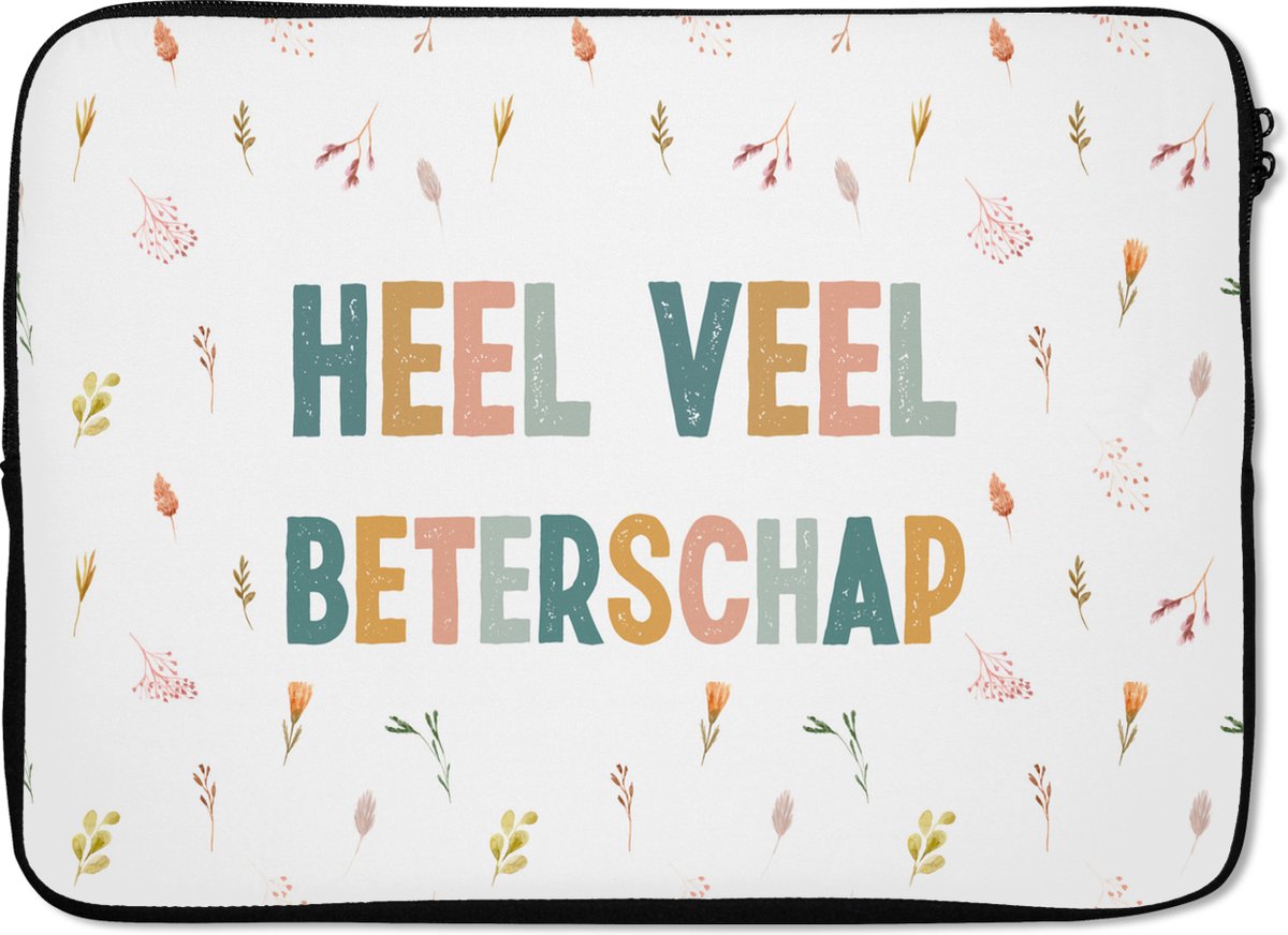 Laptophoes 13 inch - Sterkte - Quotes - Bloemen - Pastel - Laptop sleeve - Binnenmaat 32x22,5 cm - Zwarte achterkant
