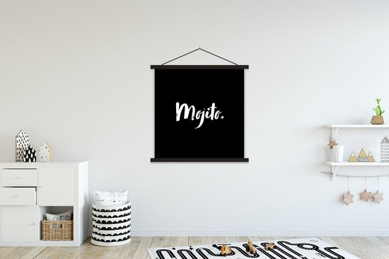 Posterhanger incl. Poster 120x120 cm - Schoolplaat - Cocktail - Quotes - Mojito - Drank - Tekst - Textielposter - Zwarte latten