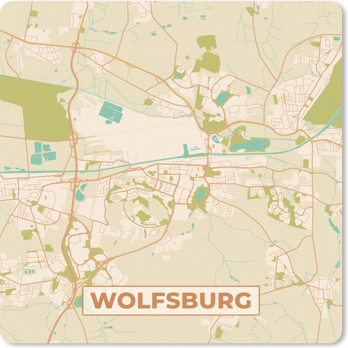 Muismat - Mousepad - Wolfsburg - Plattegrond - Kaart - Stadskaart - Vintage - 30x30 cm - Muismatten