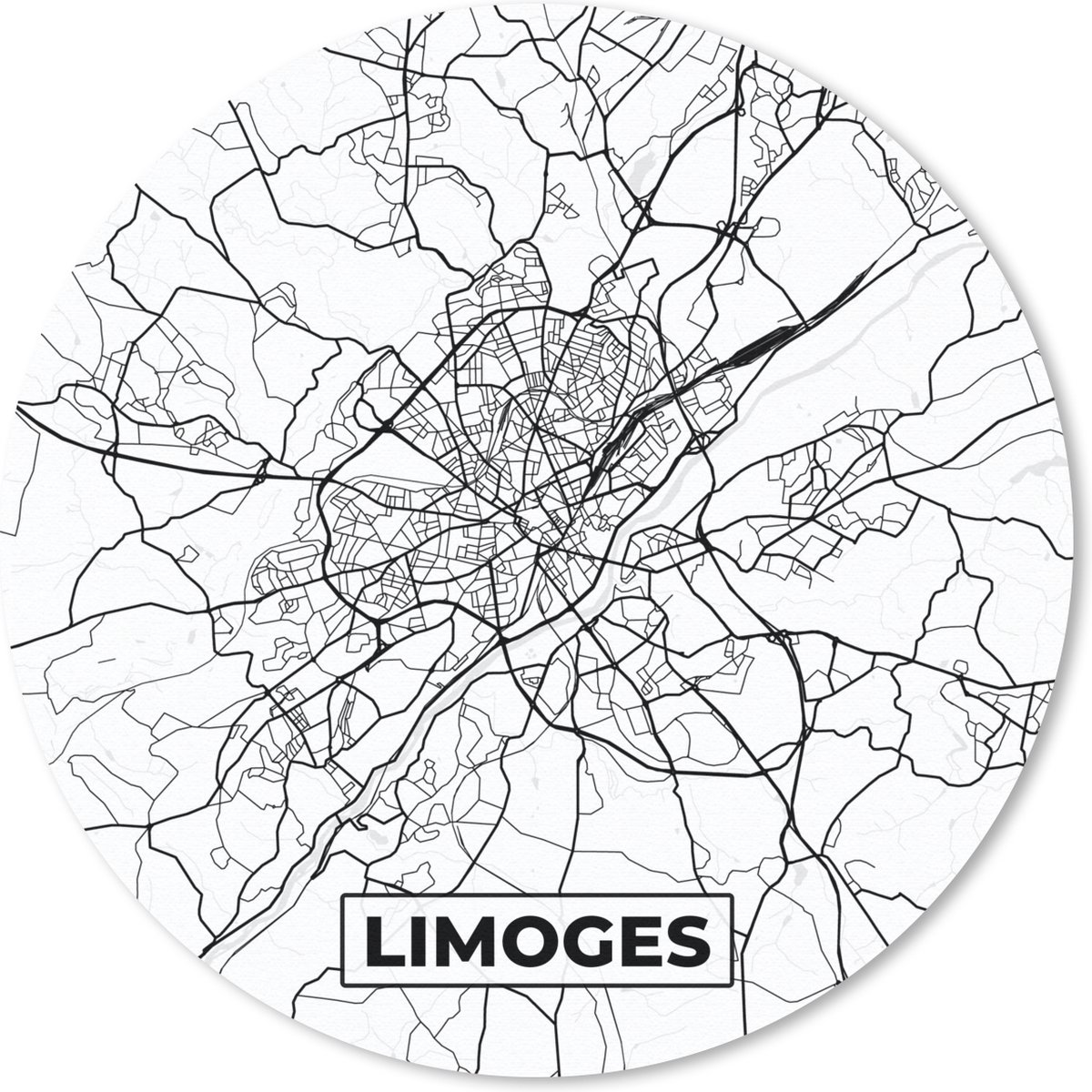 Muismat rond 20x20 cm - Mousepad Frankrijk - Limoges - Plattegrond - Stadskaart - Kaart - Zwart wit - Ronde muismatten - Stadskaart