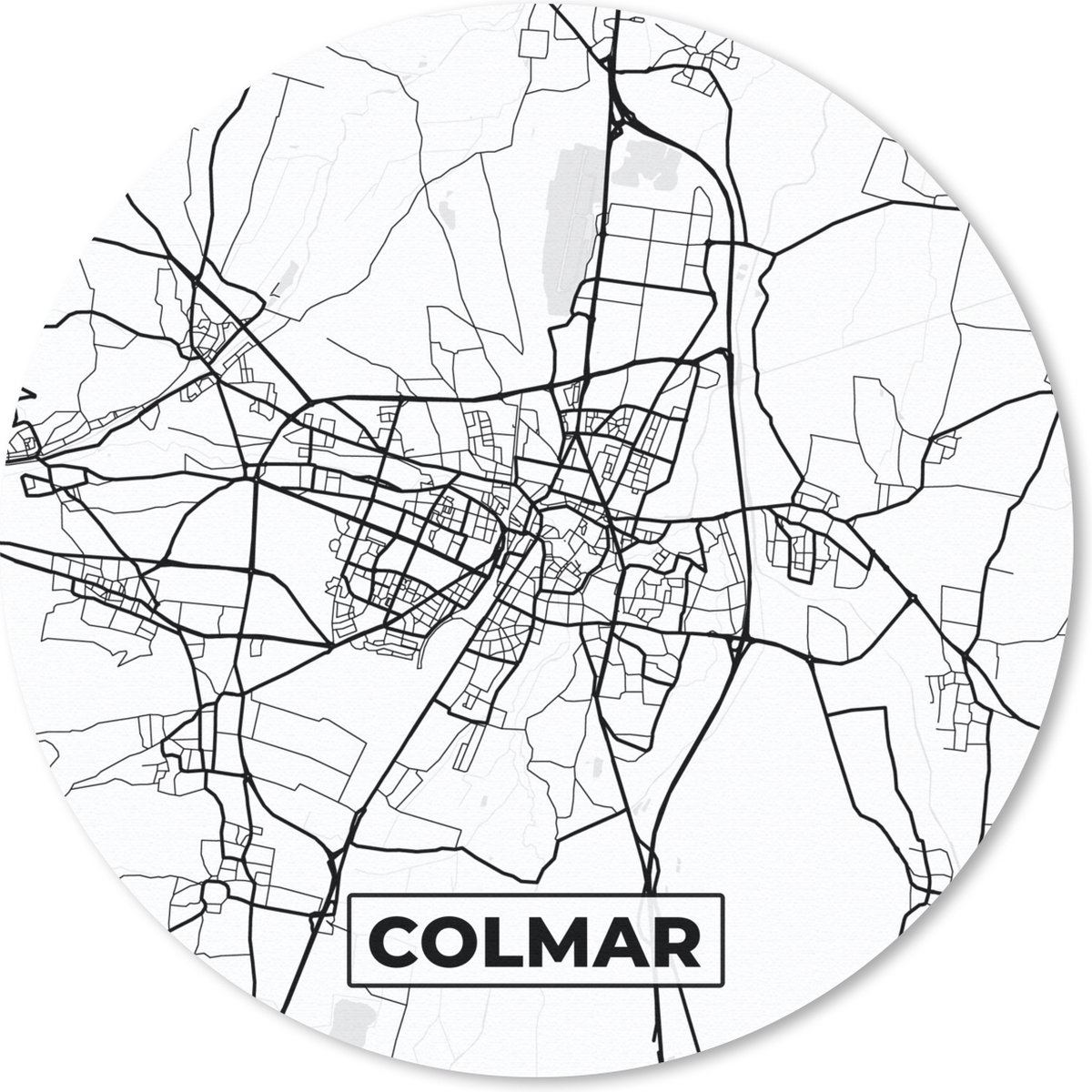 Muismat rond 20x20 cm - Mousepad Frankrijk - Kaart - Colmar - Plattegrond - Stadskaart - Zwart wit - Ronde muismatten - Stadskaart