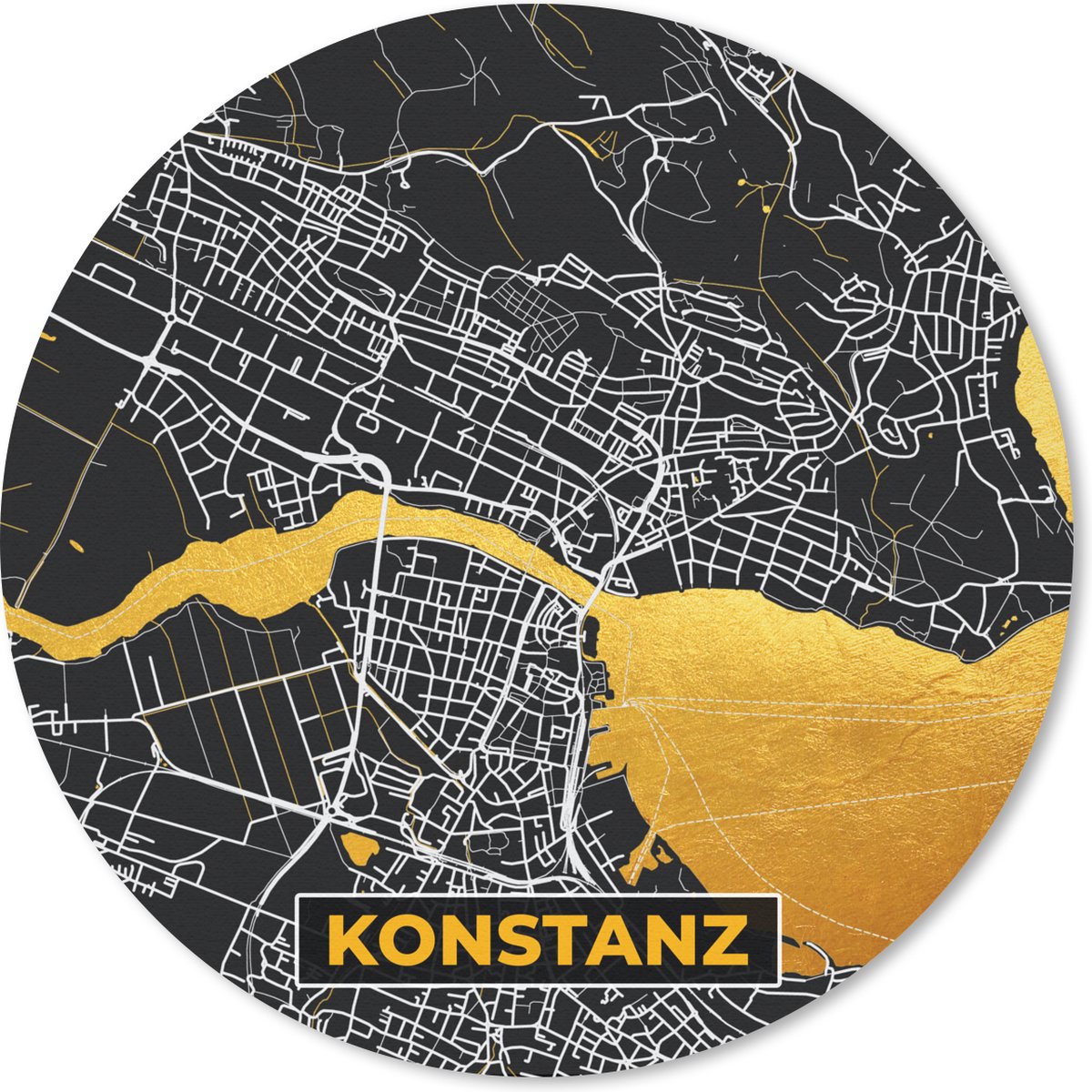 Muismat rond 20x20 cm - Mousepad Konstanz - Goud - Stadskaart - Plattegrond - Duitsland - Kaart - Ronde muismatten - Stadskaart