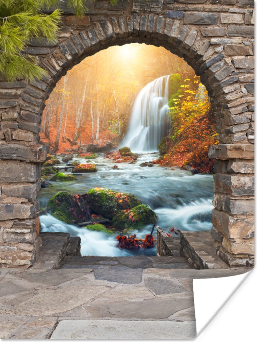 Poster Doorkijk - Waterval - Herfst - Landschap - 30x40 cm
