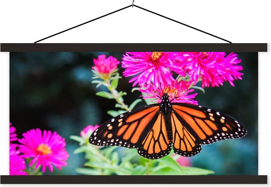 Posterhanger incl. Poster 150x75 cm - Schoolplaat - Vlinder - Botanisch - Bloemen - Textielposter - Zwarte latten