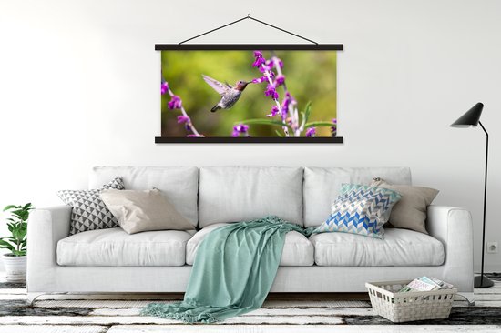 Posterhanger incl. Poster 150x75 cm - Schoolplaat - Kolibrie - Vogel - Bloemen - Natuur - Textielposter - Zwarte latten