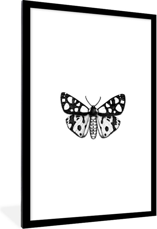 Fotolijst incl. Poster Zwart Wit- Vlinder - Botanisch - Vintage - Zwart wit - 60x90 cm - Posterlijst