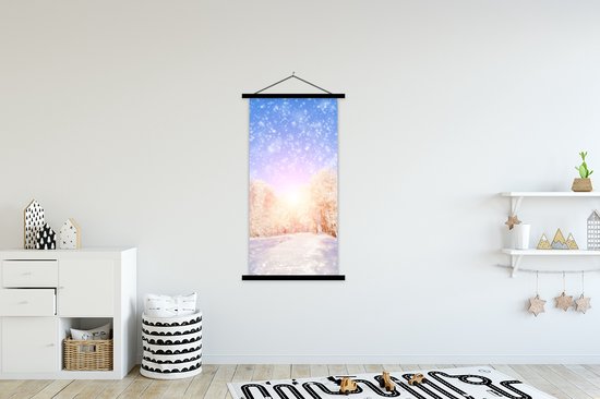 Porte-affiche avec affiche - Affiche scolaire - Neige - Soleil - Hiver - 90x180 cm - Lattes noires