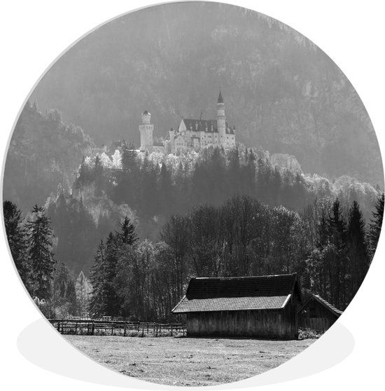 WallCircle - Wandcirkel ⌀ 30 - Slot Neuschwanstein op een berg - zwart wit - Ronde schilderijen woonkamer - Wandbord rond - Muurdecoratie cirkel - Kamer decoratie binnen - Wanddecoratie muurcirkel - Woonaccessoires