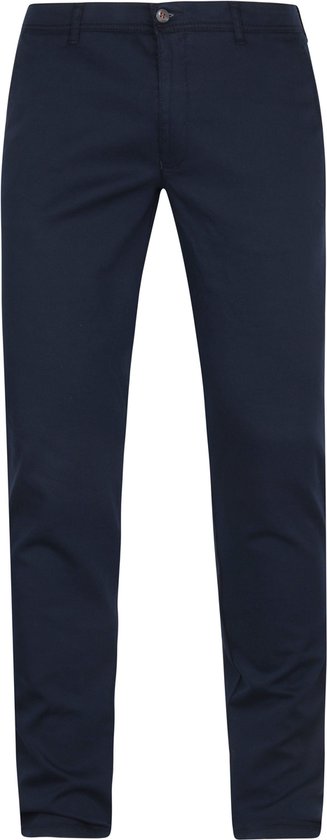 Donkerblauwe chino broek met knoopsluiting en zakken.